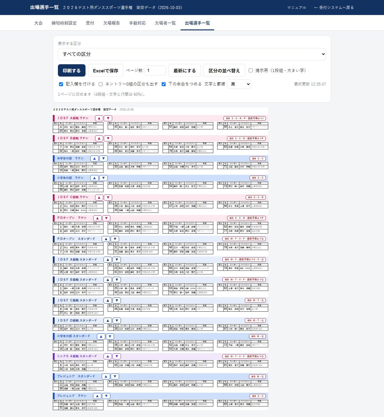 1ページに収めた出場選手一覧